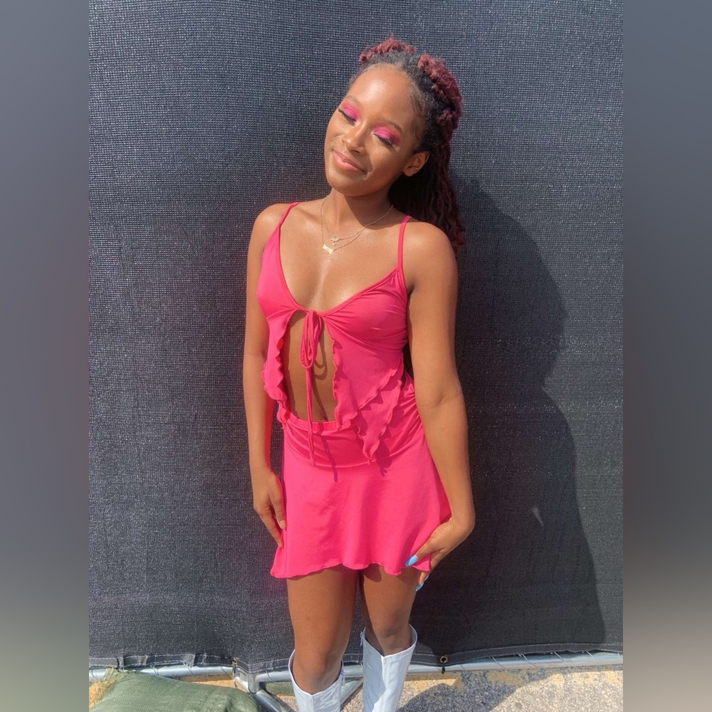 Pink SHEIN two piece co-ord set. Mini skirt and front tie top